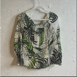 Elie Tahari Tropical Palm Leaf Print Square Neck Blouse Top M bohemian